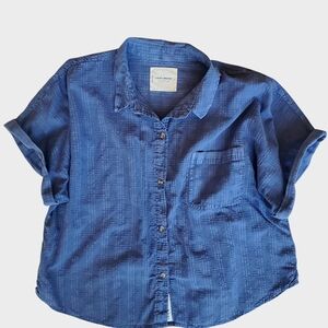 Lucky Brand Blue Collared Cotton Short Sleeve Button Down Boxy Fit Shirt